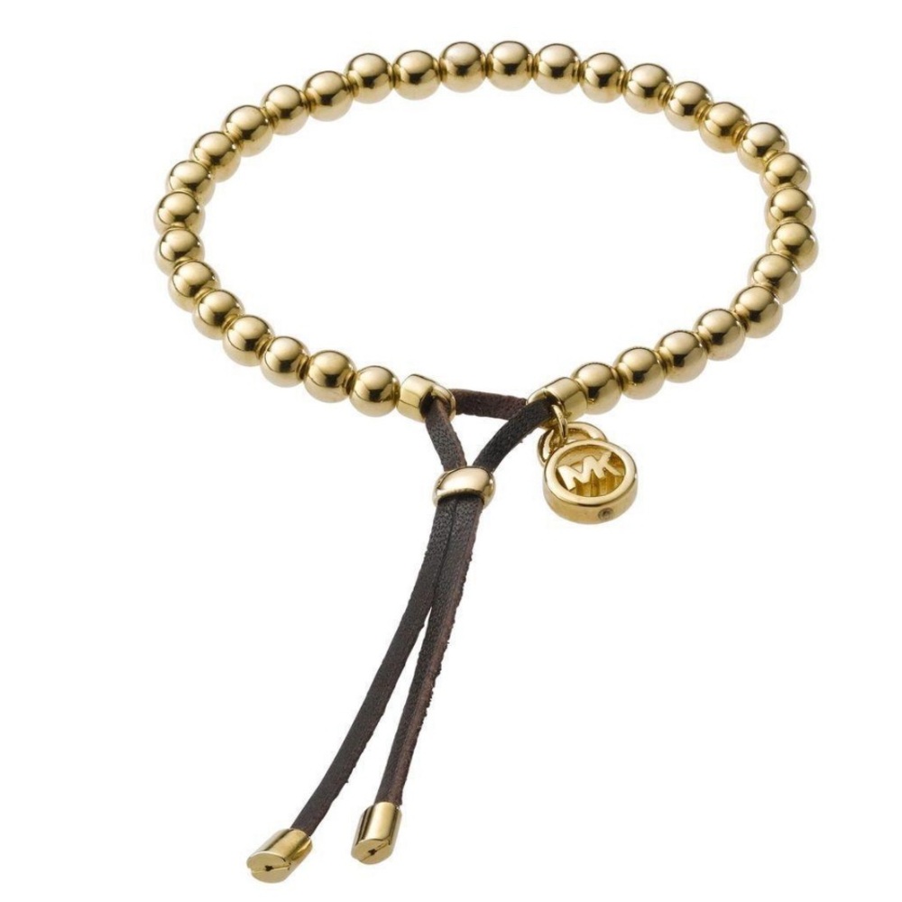 Michael Kors MKJ1143710 Gold Beaded Brown Leather Stretch Bracelet with Charm